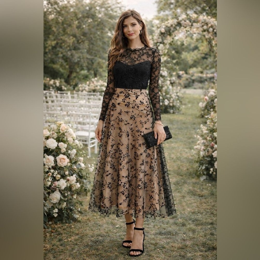 Floral Embroidered Mesh Maxi Skirt Black Nude A-Line Wedding Guest Festival